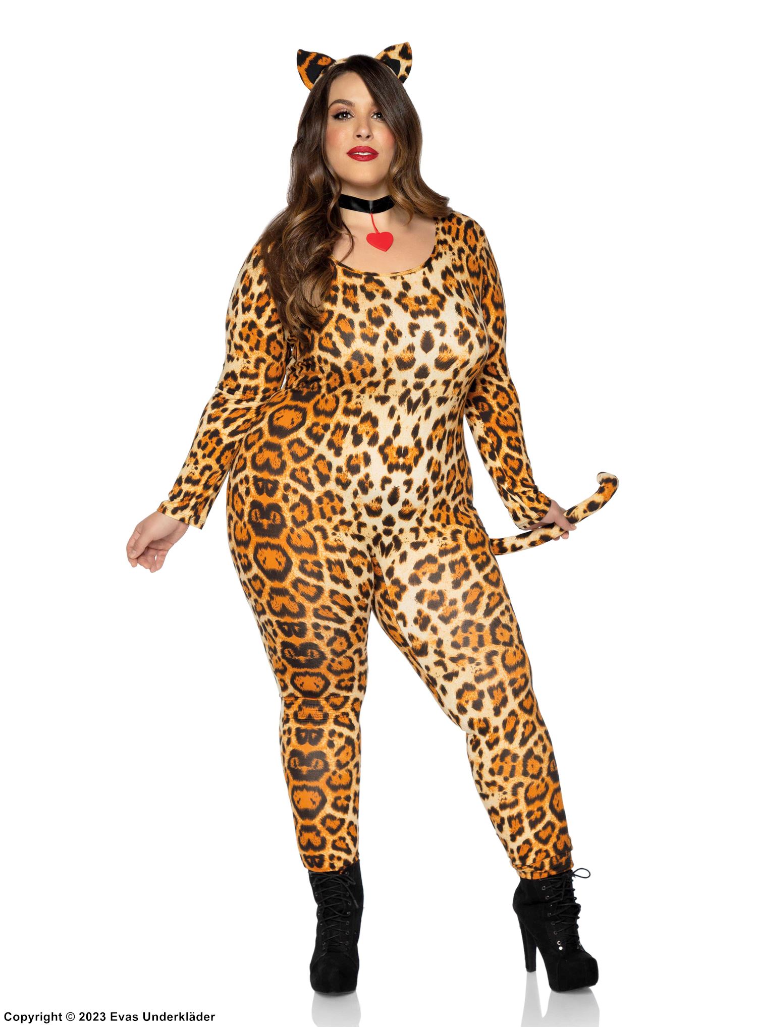 Kostyme-catsuit, lange ermer, hjerte, hale, leopard, plus size